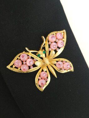 Vintage Corocraft Pink Shoe Button & Rhinestone Butterfly Brooch Figural Pin
